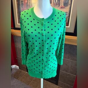 Ellen Tracy Green Cardigan with Navy Dots